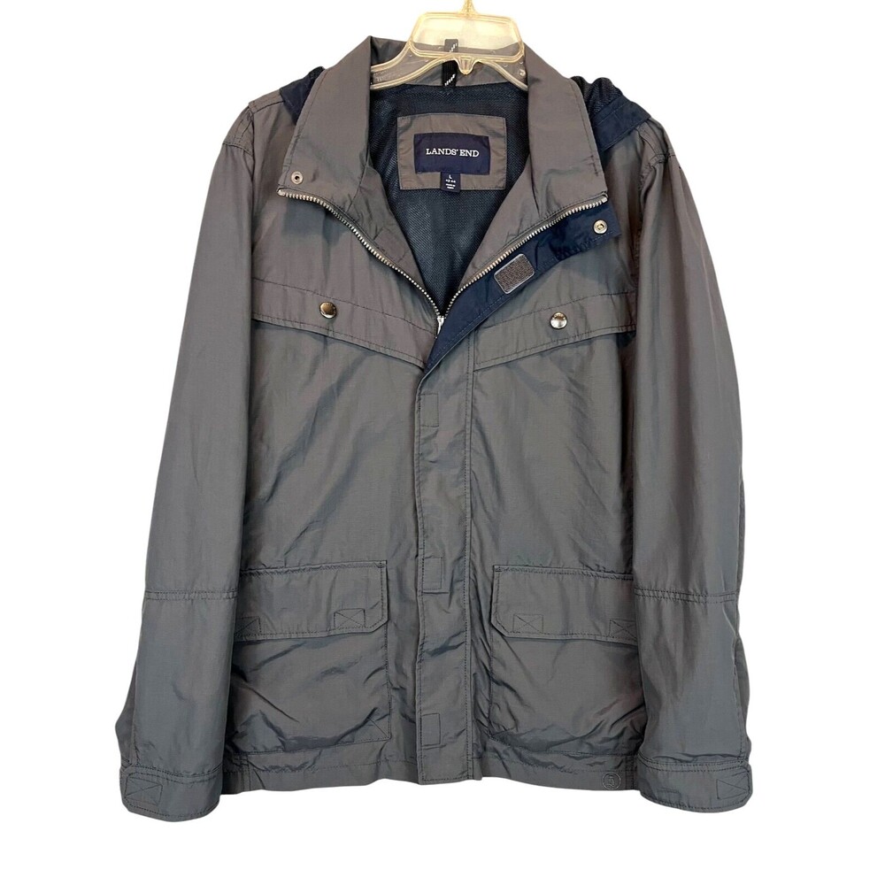 Lands' End Hooded Water Resistant Nylon Utility Windbreaker Jacket Size L Gray - Picture 1 of 10
